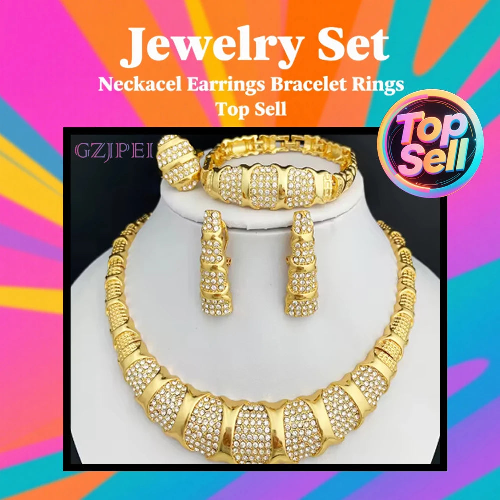 Dubai 18K Gold Plated Luxury Jewelry Set – Women’s Necklace, Earrings, Bracelet & Ring for Wedding and Party