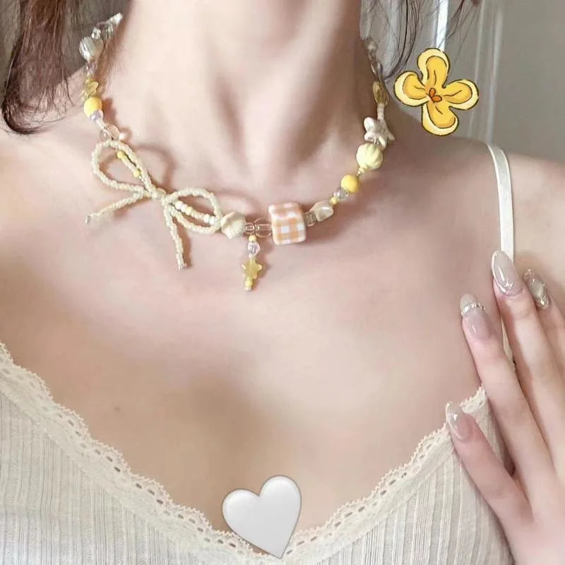 Harajuku Y2K Colorful Beaded Bow Pendant Necklace – Aesthetic Acrylic Jewelry for Women & Party Wear