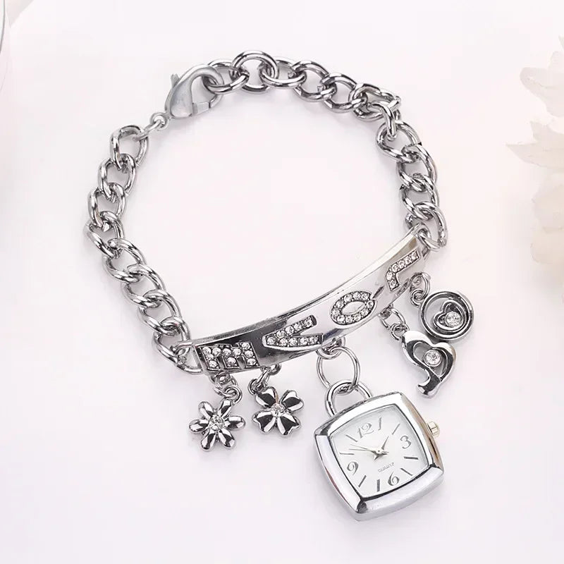 Women’s Rhinestone Chain Bracelet Watch – Letter Design Flower Pendant Dress Wristwatch Gift Zegarek Damski