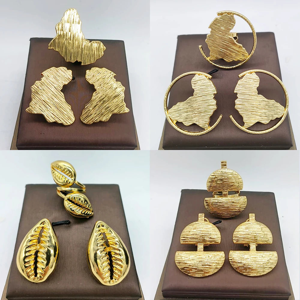 Dubai 18K Gold Plated Jewelry Set – Elegant Earrings & Ring for Women, Arabic Nigerian Bridal Wedding Accessories
