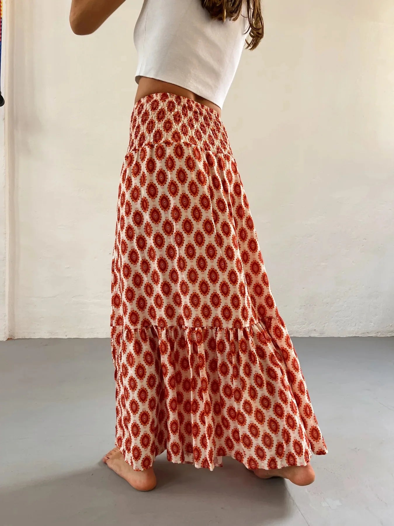 Women’s Boho Maxi Skirt – Vintage Floral Print Elastic Waist Beach Skirt for Spring & Summer