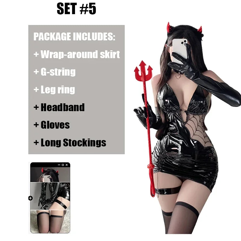 2025 Halloween Sexy Witch Lingerie Costume – Seductive Spider PU Faux Leather Bodycon Dress with Stockings for Women Cosplay