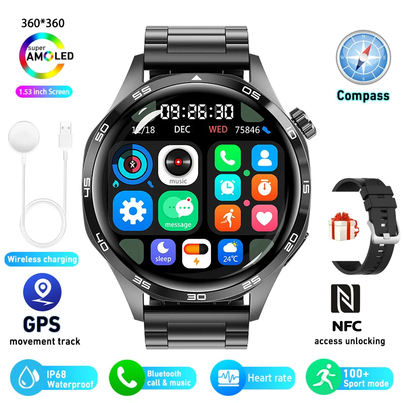 Smart Watch 5 Pro – GPS & NFC Men’s Smartwatch with 360×360 AMOLED Display, Bluetooth Call & IP67 Waterproof Heart Rate Monitor