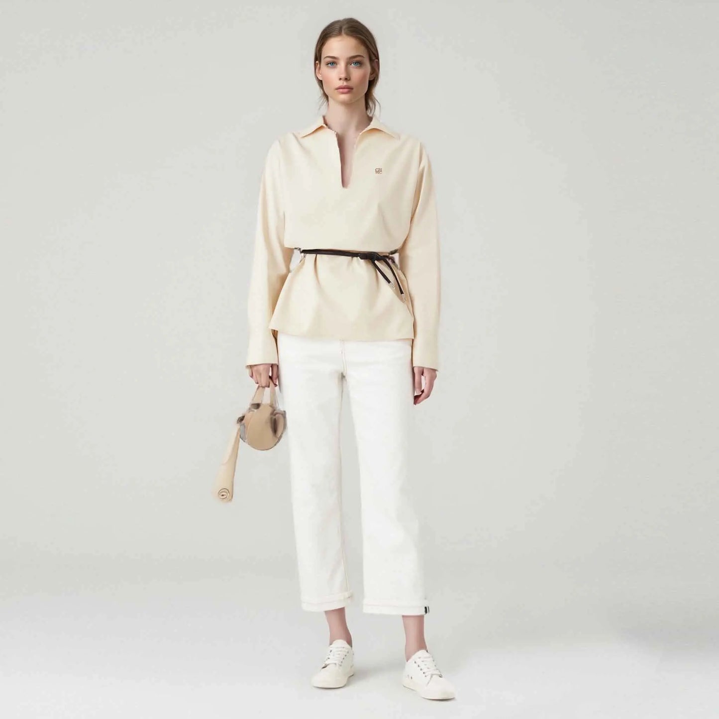 Women’s Elegant Embroidered Shirt – V-Neck Long Sleeve Casual Top with Belt Decoration | Fashion Office Wear