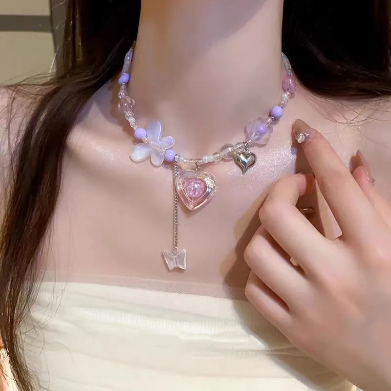 Harajuku Y2K Colorful Beaded Bow Pendant Necklace – Aesthetic Acrylic Jewelry for Women & Party Wear