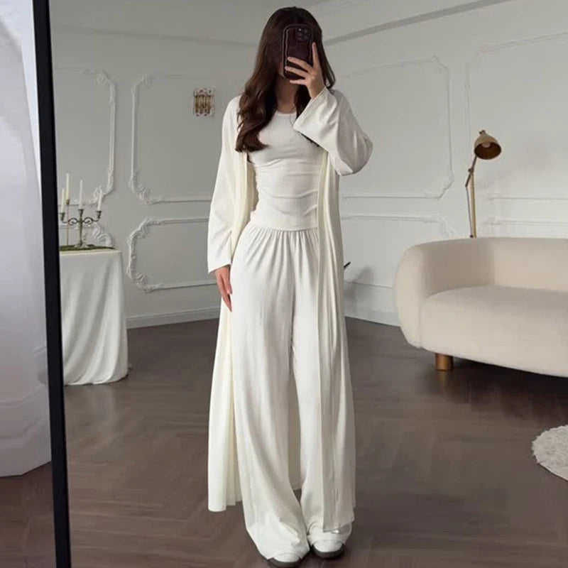 Women’s 3-Piece Casual Suit Set – Long Cardigan + O-Neck Slim Top + Wide Leg Pants | 2025 Summer Autumn Fashion Outfit