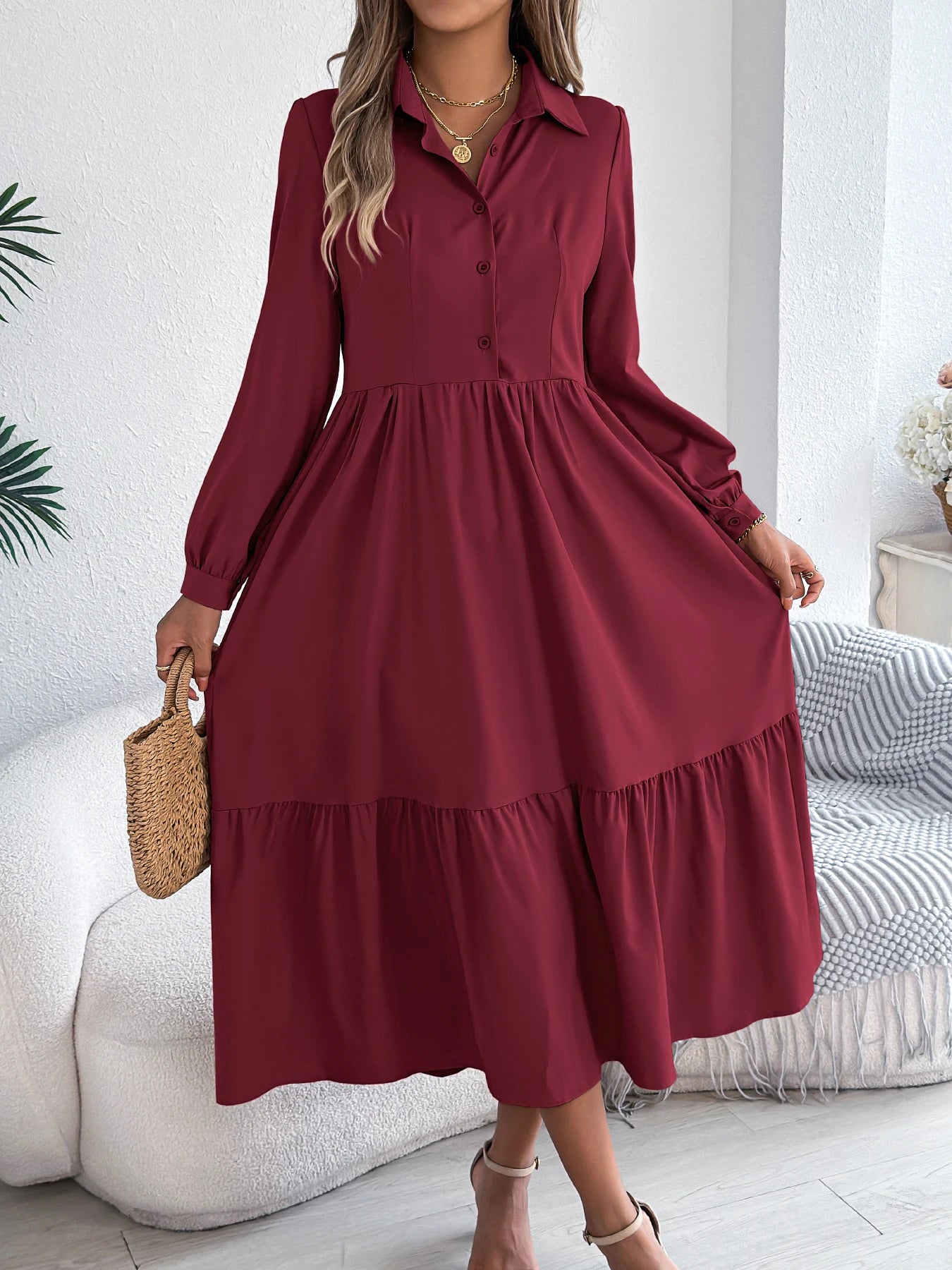 Women’s Casual Vacation Shirt Dress – Long Sleeve Turn-Down Collar Single-Breasted Spring & Autumn Dress