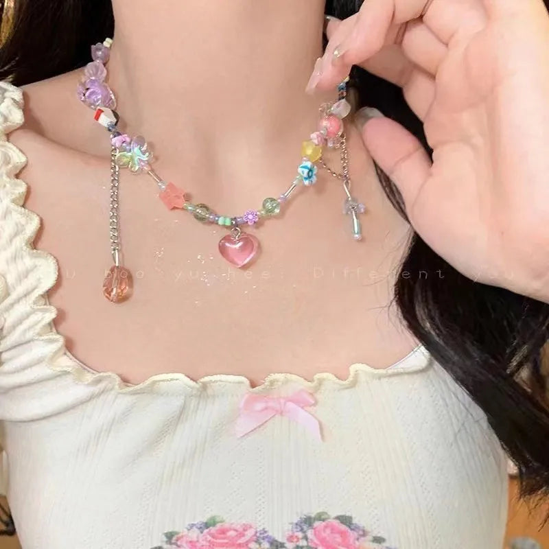 Harajuku Y2K Colorful Beaded Bow Pendant Necklace – Aesthetic Acrylic Jewelry for Women & Party Wear