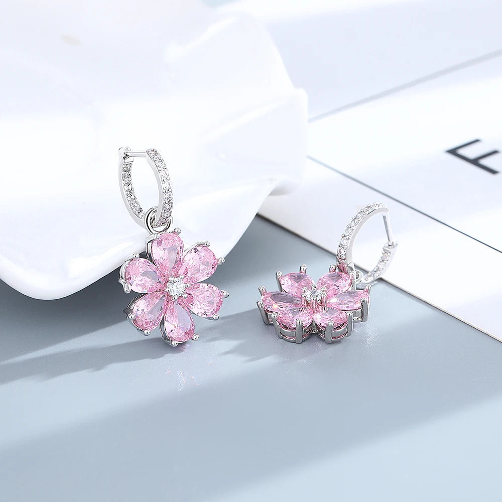 FCGJHW Pink Zircon Crystal Flower Jewelry Set – Fashion Wedding Necklace, Earrings, Bracelet & Ring for Women