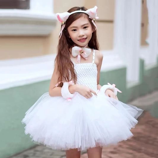 White Cat Tutu Dress for Girls – Carnival & Halloween Costume, Toddler Animal Cosplay Outfit for Birthday Party