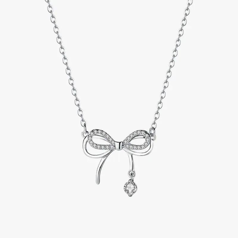 Real 925 Sterling Silver Bow Necklace – Shining Zircon Pendant Jewelry for Women, Wedding & Gift
