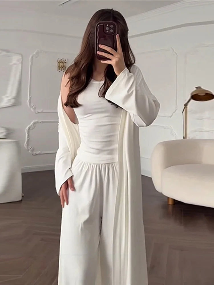Women’s 3-Piece Casual Suit Set – Long Cardigan + O-Neck Slim Top + Wide Leg Pants | 2025 Summer Autumn Fashion Outfit