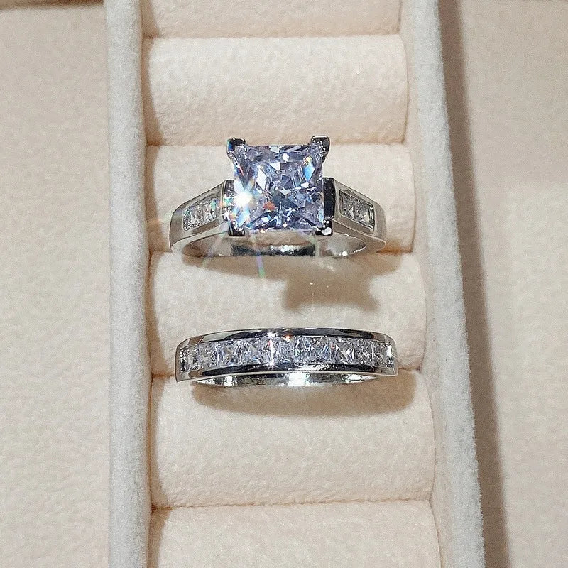 Luxury Wedding Ring Set for Women – Dazzling Square Zirconia Rhinestone Bridal Jewelry & Elegant Accessories