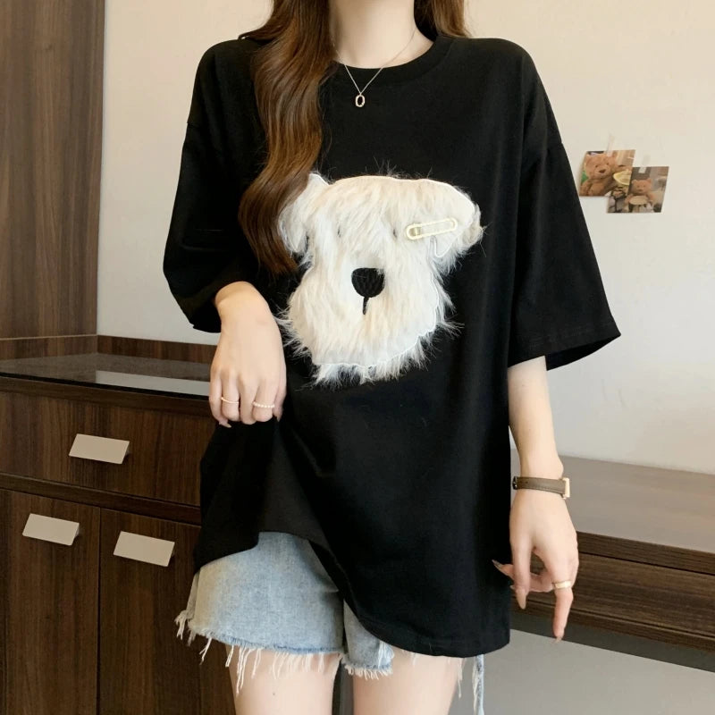 Cute 3D Plush Puppy Women’s T-Shirt – Summer Loose Cotton Half-Sleeve Top, Lazy Style Casual Tee