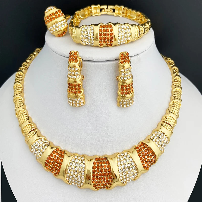 Dubai 18K Gold Plated Luxury Jewelry Set – Women’s Necklace, Earrings, Bracelet & Ring for Wedding and Party