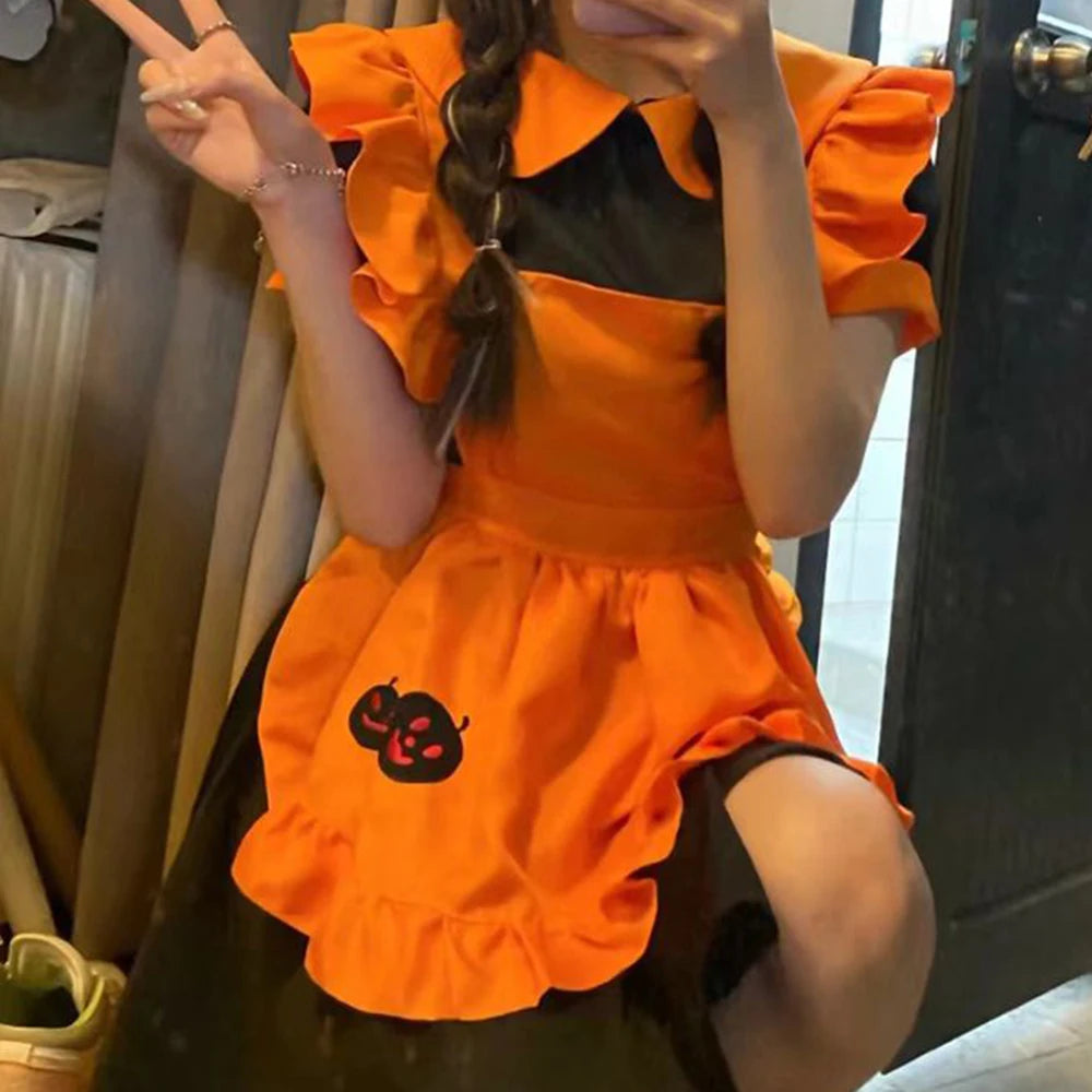 2025 Halloween Women’s Cosplay Costume – Anime Pumpkin Maid Embroidered Dress for Restaurant, Birthday & Party