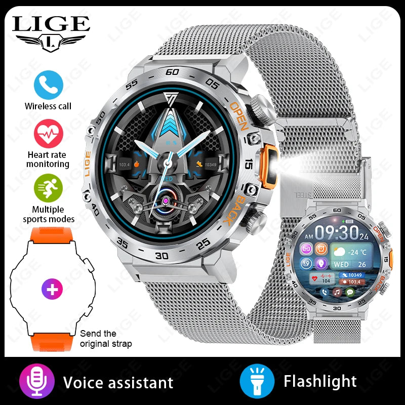LIGE 2025 Smart Watch for Men – 360×360 AMOLED HD Display Waterproof Fitness Smartwatch with Flashlight (Android & iOS Compatible)