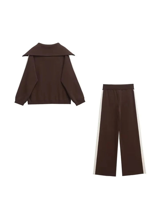 Women’s Two-Piece Casual Set – Side-Striped Knit Sweater & High-Elastic Waist Straight Pants | Fashion Outfit