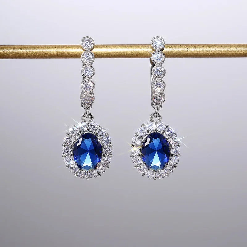 2025 Elegant Women Drop Earrings – Silver Color Inlaid Blue & White Zirconia Classic Wedding Party Jewelry