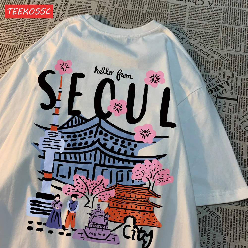 Women’s Casual Cotton T-Shirt – Seoul Scenery Printed Short Sleeve Oversize Tee | Breathable Summer TopWomen’s Clothing / Tops / T-Shirts