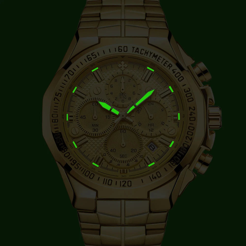 WWOOR Men’s Luxury Gold Chronograph Watch – Big Dial Waterproof Quartz Wristwatch