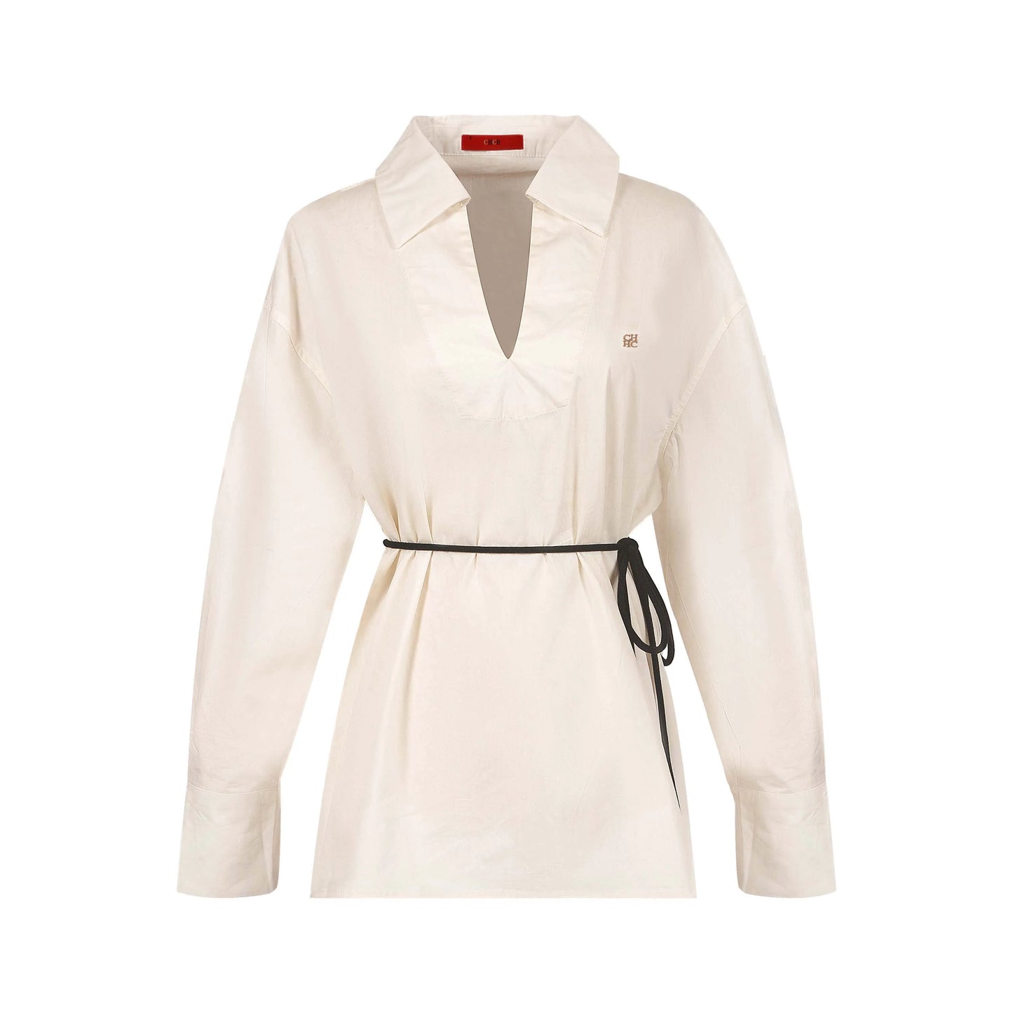 Women’s Elegant Embroidered Shirt – V-Neck Long Sleeve Casual Top with Belt Decoration | Fashion Office Wear