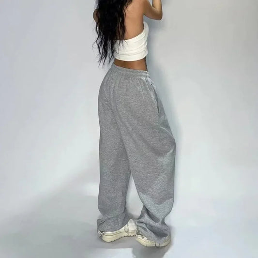 Women’s Casual Gray Wide-Leg Sweatpants – Oversized Joggers Streetwear Sports Trousers
