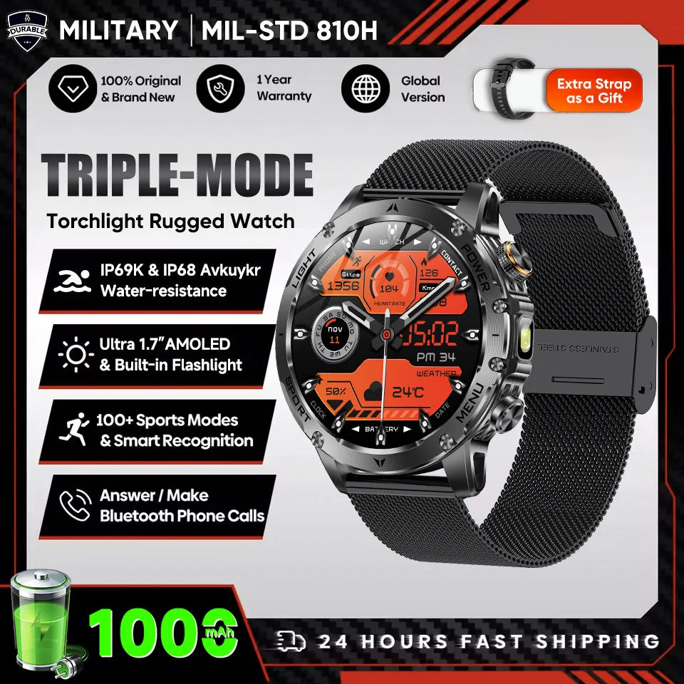 2025 T-Rex 3 Smart Watch – 1.75” HD Large Screen Military Sport Smartwatch with Dual-Band GNSS, Compass & IP68 Waterproof Rating