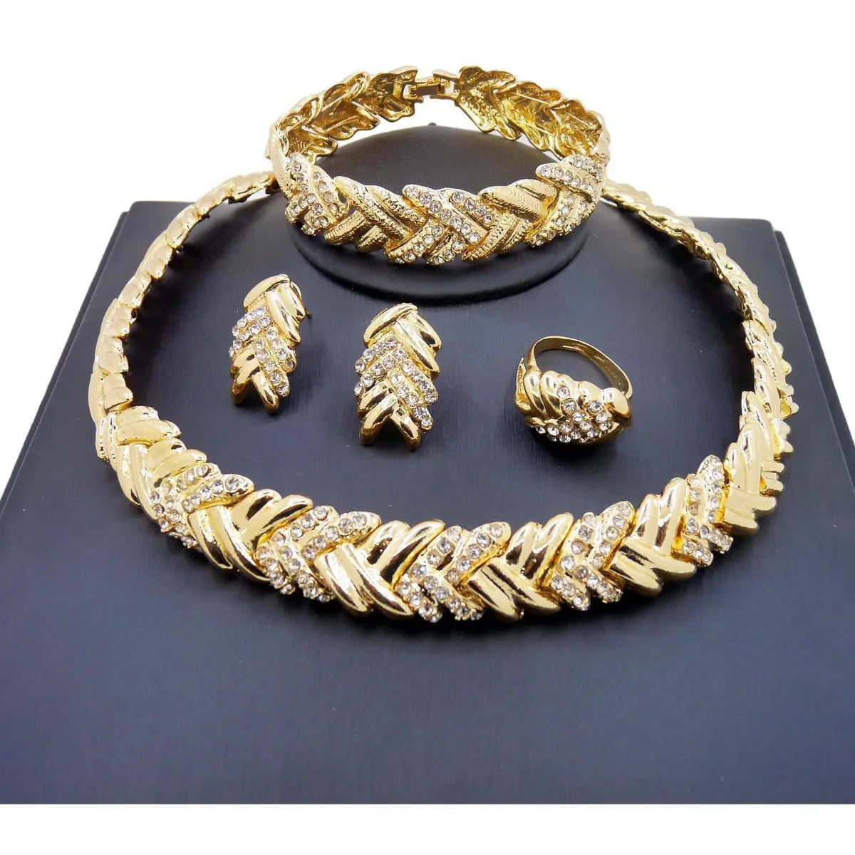 18K Gold Plated Crystal Jewelry Set for Women – Clear Rhinestone Necklace & Earrings Elegant Fashion Accessories Gift