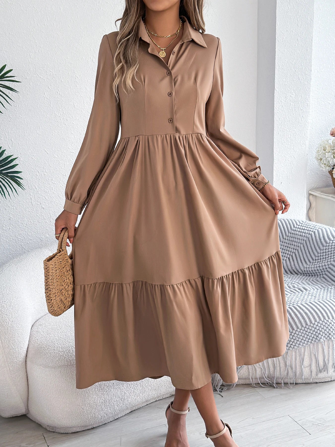 Women’s Casual Vacation Shirt Dress – Long Sleeve Turn-Down Collar Single-Breasted Spring & Autumn Dress