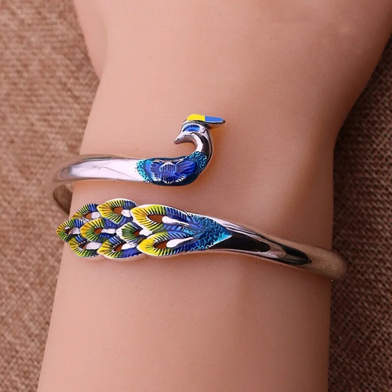 Cloisonné Peacock & Phoenix Silver-Plated Bracelet – Ethnic Vintage Openwork Jewelry for Women