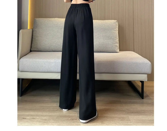 High-Waist Black Wide-Leg Pants for Women – Elegant Straight-Leg Loose Suit Trousers with Pendant Detail