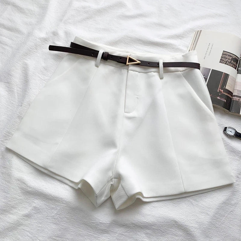 Women Casual A-line High Waist Shorts with Belt – Chic Office Lady Vintage Style Trousers for Spring & Summer