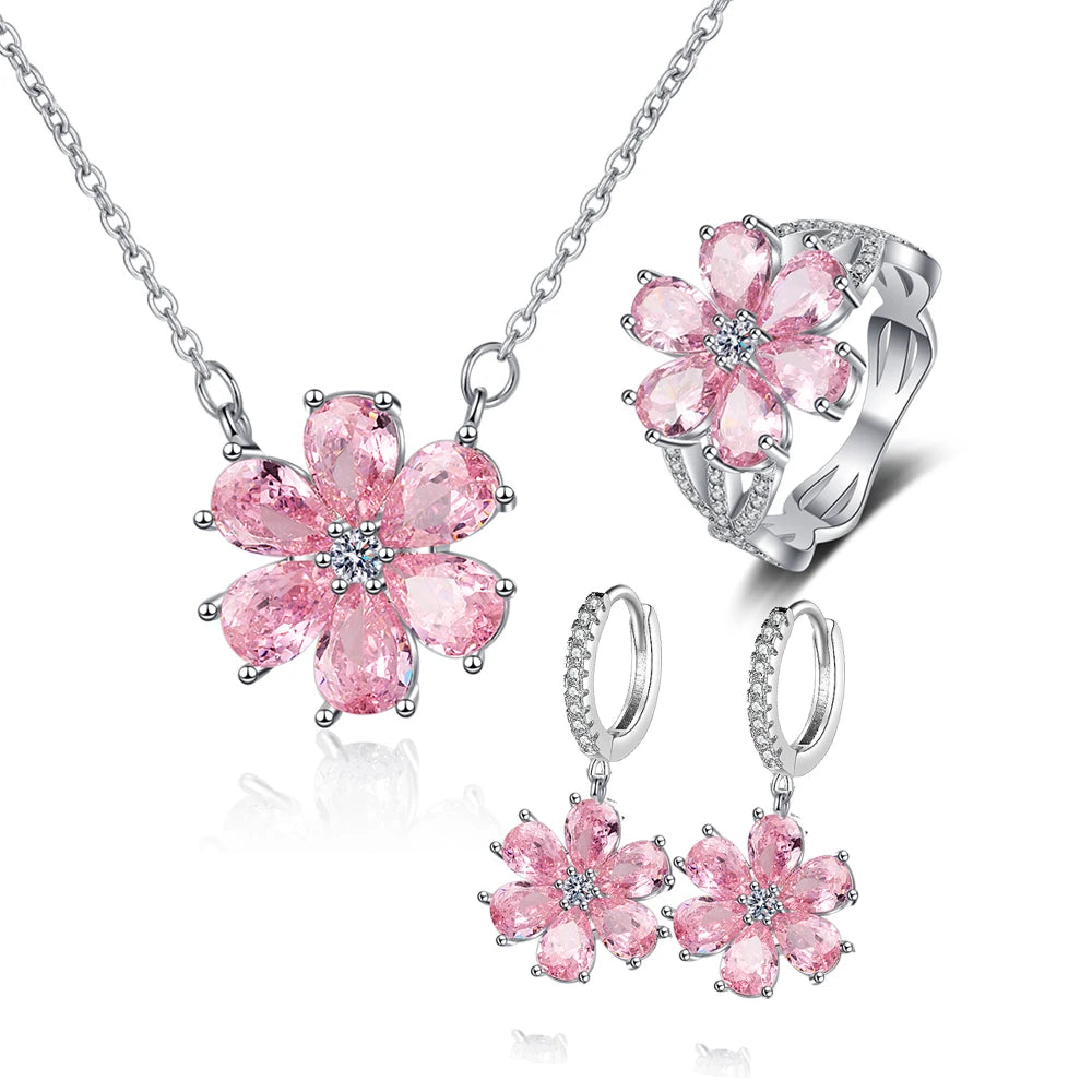 FCGJHW Pink Zircon Crystal Flower Jewelry Set – Fashion Wedding Necklace, Earrings, Bracelet & Ring for Women