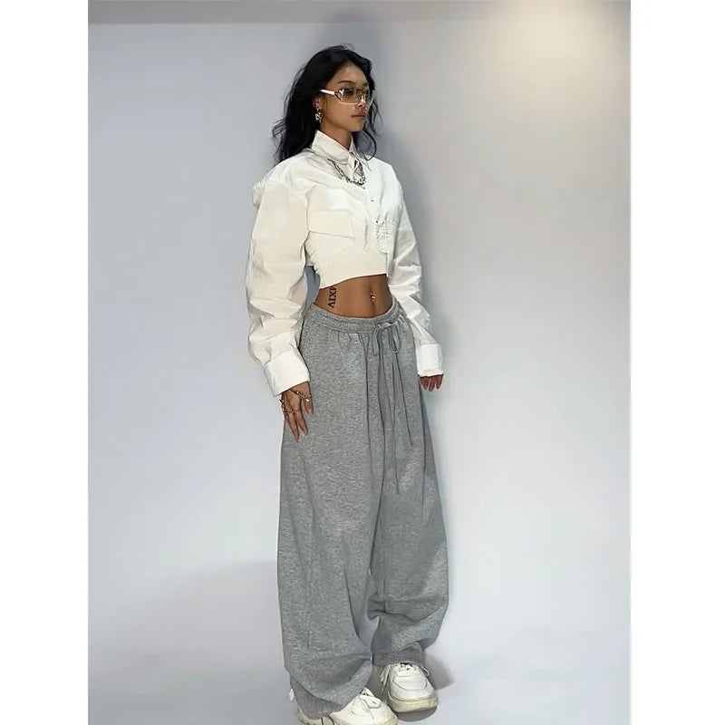 Women’s Casual Gray Wide-Leg Sweatpants – Oversized Joggers Streetwear Sports Trousers