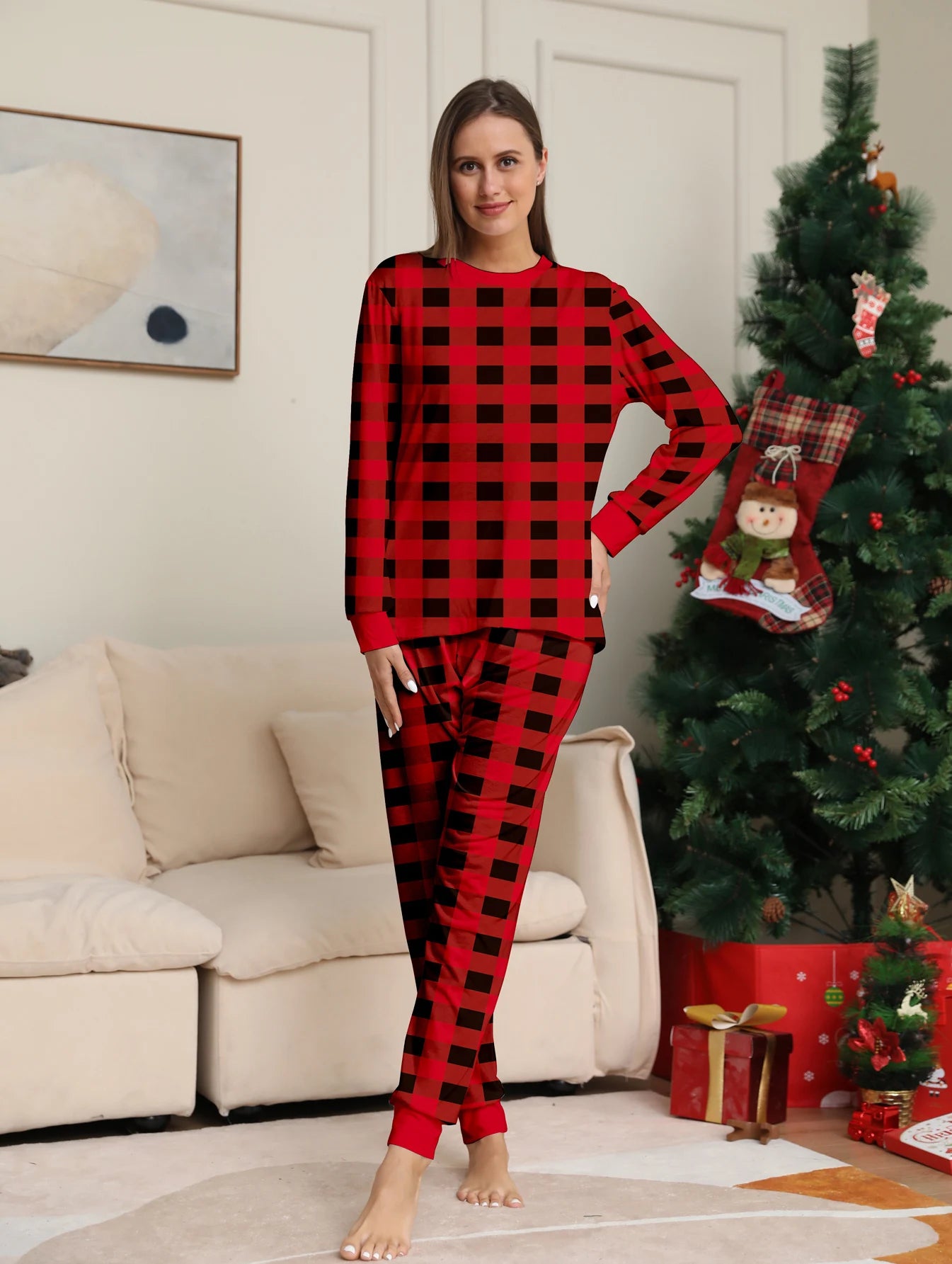 Couple Matching Christmas Pajamas Set – Long Sleeve Red & Black Buffalo Plaid Sleepwear