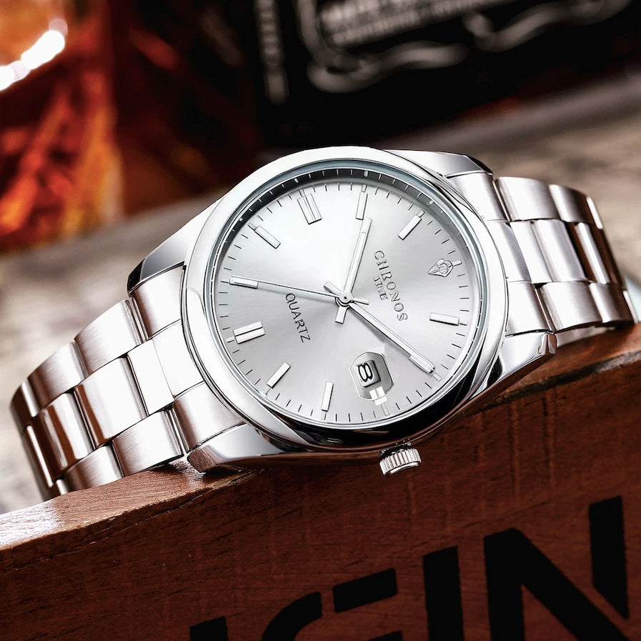 CHRONOS Luxury Men’s Stainless Steel Quartz Watch – Waterproof Luminous Date Wristwatch