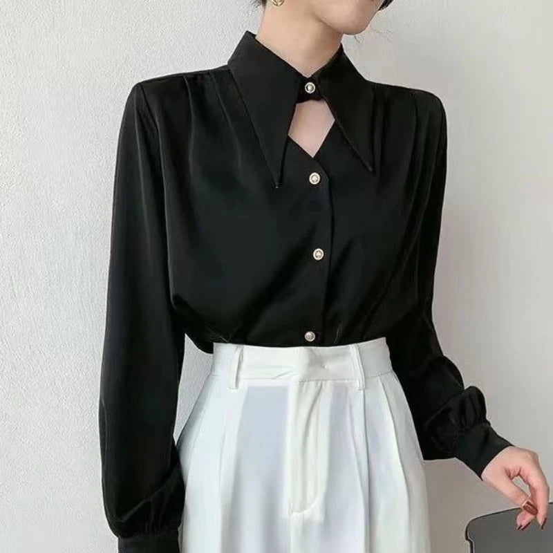 Women’s Casual V-Neck Hollow-Out Shirt – Soft Solid Blouse Retro European Style Streetwear Top