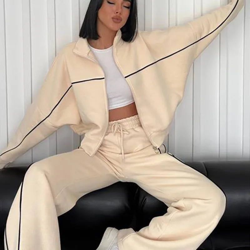 Women’s 2-Piece Tracksuit Set – Long Sleeve Half High Collar Cardigan Sweater & Trousers Casual Sportswear