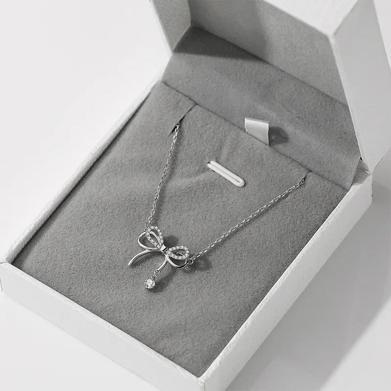 Real 925 Sterling Silver Bow Necklace – Shining Zircon Pendant Jewelry for Women, Wedding & Gift