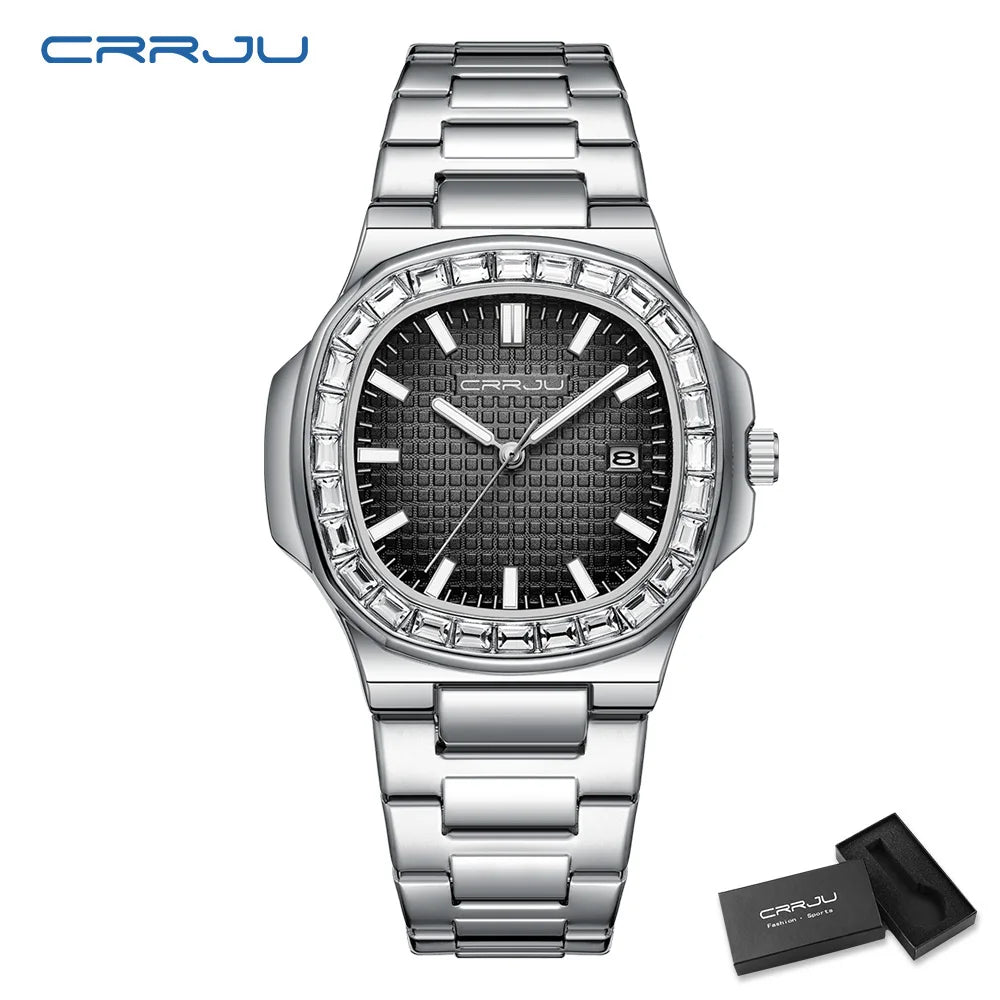 CRRJU Luxury Men’s Stainless Steel Quartz Watch – High-Quality Fashion Wristwatch with Calendar Display