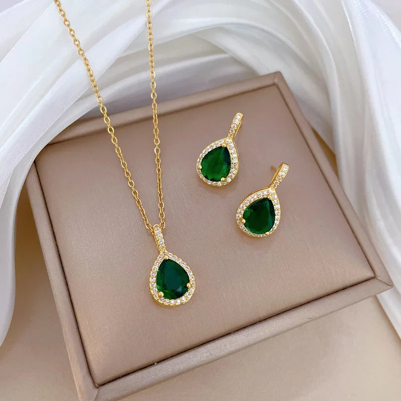 DIEYURO 316L Stainless Steel Green Water Droplet Zircon Pendant Necklace & Earrings Set – Trendy Jewelry Gift for Girls