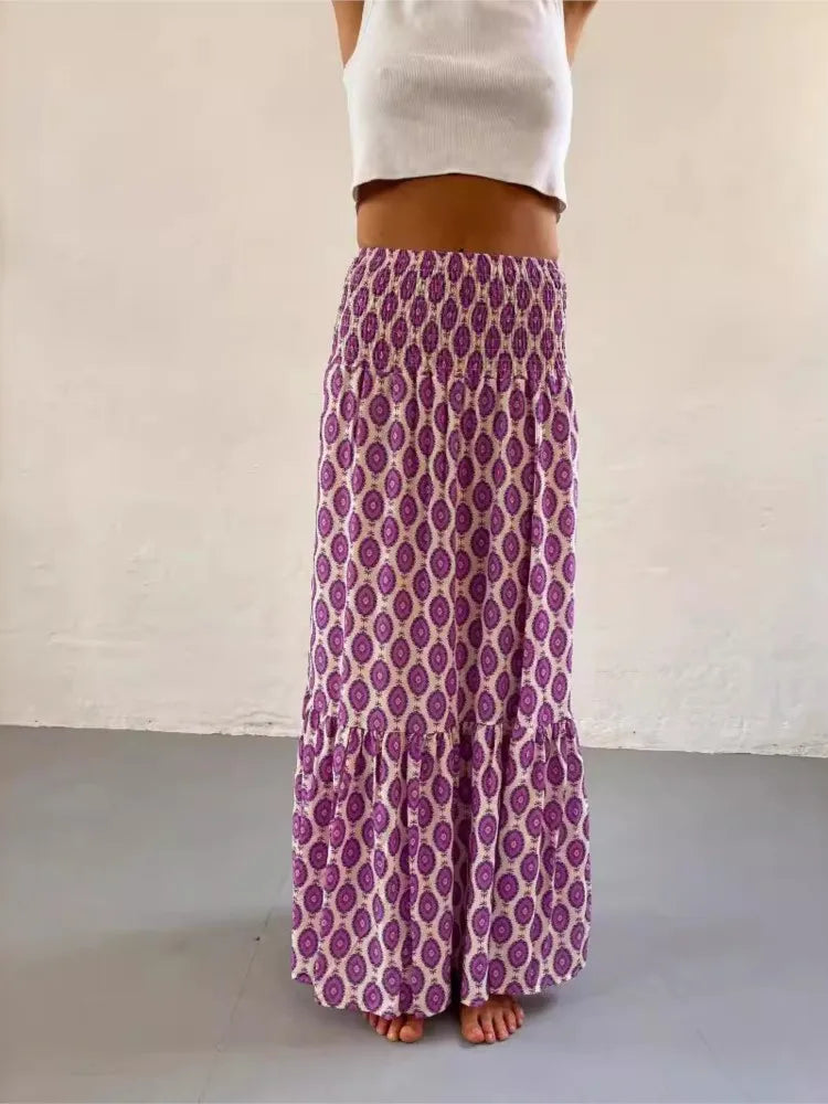 Women’s Boho Maxi Skirt – Vintage Floral Print Elastic Waist Beach Skirt for Spring & Summer