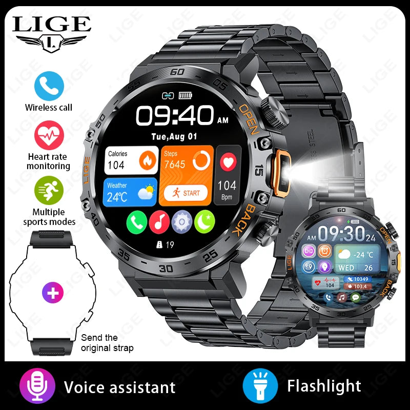 LIGE 2025 Smart Watch for Men – 360×360 AMOLED HD Display Waterproof Fitness Smartwatch with Flashlight (Android & iOS Compatible)