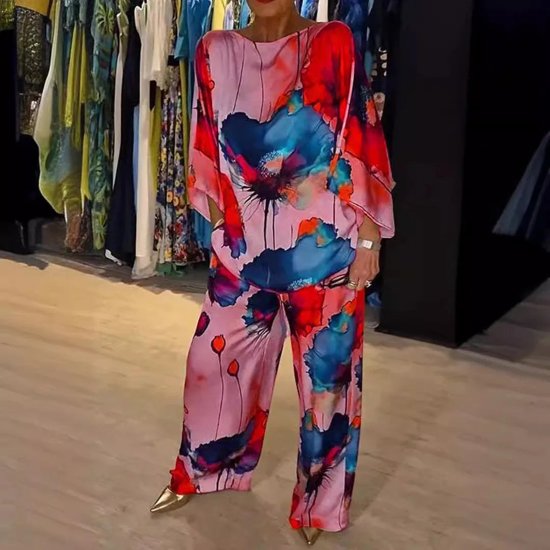 Women’s Satin Two-Piece Set – Summer Printed Round Neck Top & Wide-Leg Pants | Elegant Casual Fashion Outfit 2025