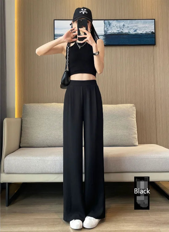 High-Waist Black Wide-Leg Pants for Women – Elegant Straight-Leg Loose Suit Trousers with Pendant Detail