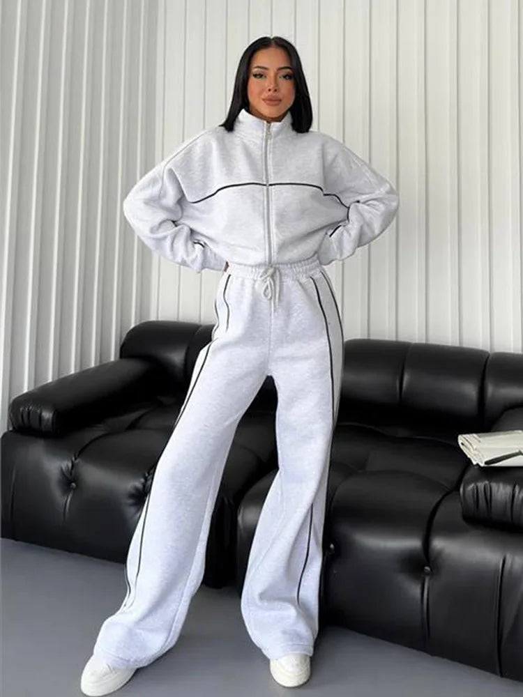 Women’s 2-Piece Tracksuit Set – Long Sleeve Half High Collar Cardigan Sweater & Trousers Casual Sportswear