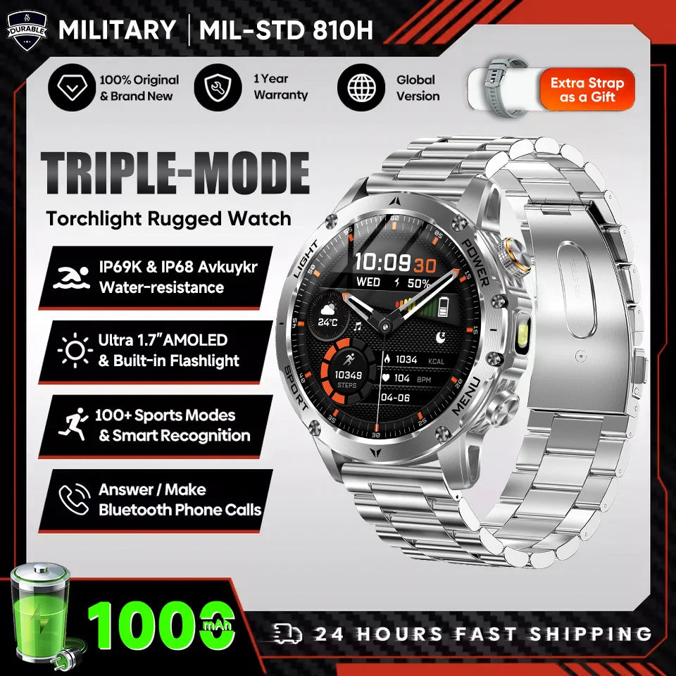 2025 T-Rex 3 Smart Watch – 1.75” HD Large Screen Military Sport Smartwatch with Dual-Band GNSS, Compass & IP68 Waterproof Rating