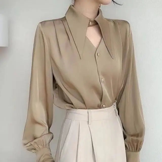 Women’s Casual V-Neck Hollow-Out Shirt – Soft Solid Blouse Retro European Style Streetwear Top