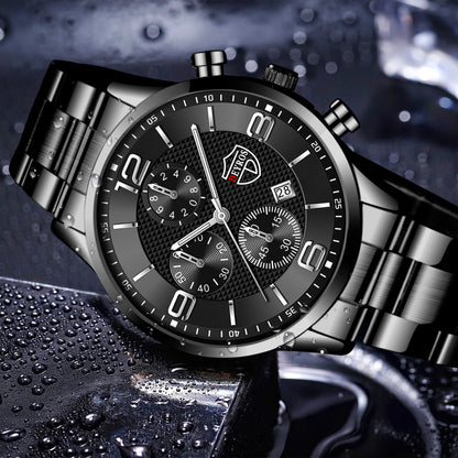 Luxury Business Men’s Watch – Stainless Steel & Leather Quartz Wristwatch with Calendar and Luminous Display